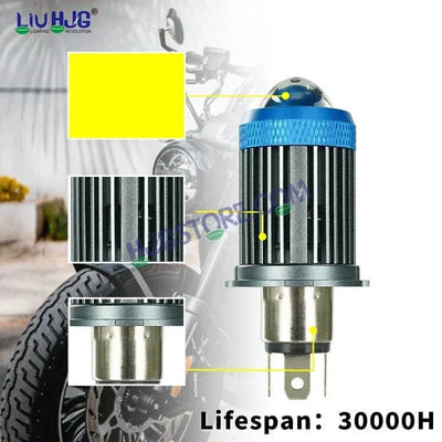 HJG H4 Lens LED Ice Blue Devil Lens New Model Ice Blue White Yellow LED Headlight Bulb H4 For All Motorcycles (Low and High Beam Bulbs (White/Yellow/Ice Blue) Ice Blue DRL White Yellow 50W Lens) - 12V DC Hi/Lo Type H4 - Biker.Store - www.biker.store