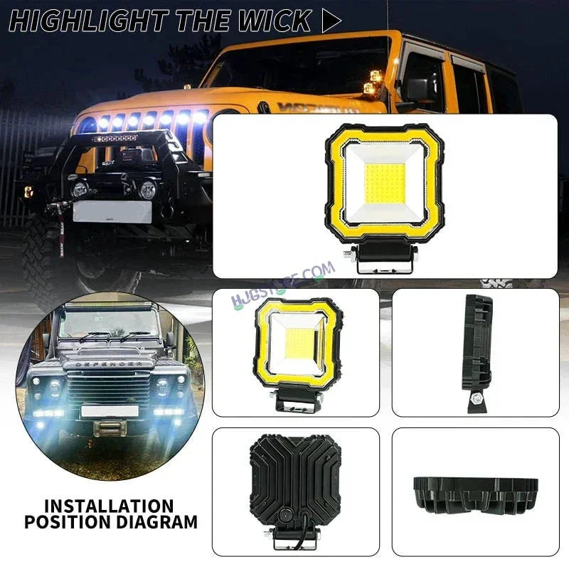 HJG Single LED New Model Square Fog Light 60W LIU HJG Square Fog Light with Red DRL For Universal For Bike Universal For Car (Set of 2) 60W HJG Square Foglight with Red DRL, Flash Mode - Biker.Store - www.biker.store