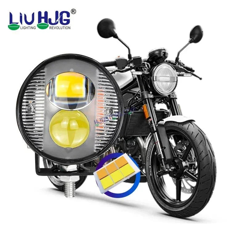 HJG 2 LED Round New with Red Blue Flash Strobe 1pc LIU HJG Fog Light for Bikes and Cars High Power, Heavy clamp and Strong aluminum. (2 LED Round Fog White/Yellow with Red/Blue Flash) White/Yellow Projector, Red Blue Strobe Flash, Pack of 1 - Biker.Store - www.biker.store