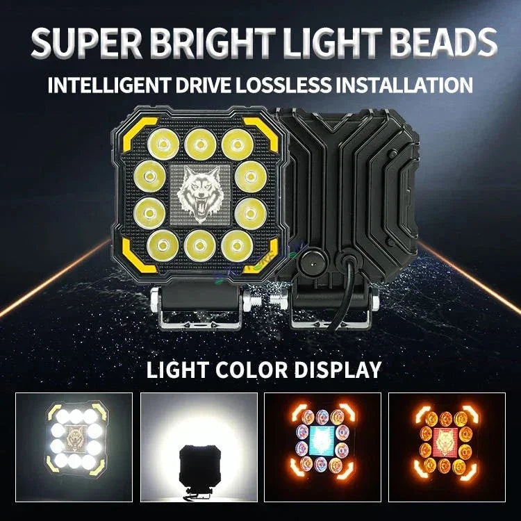 HJG 11 LED New Model Wolf Fog Light 60W LIU HJG Square Fog Light with DRL For Universal For Bike Universal For Car (Set of 2) 60W HJG Wolf Foglight with Red DRL, Flash Mode - Biker.Store - www.biker.store