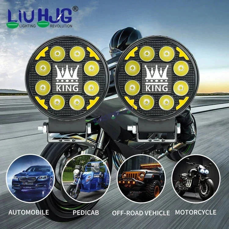 HJG 8 LED New Model KING Fog Light 60W LIU HJG Round Fog Light with DRL For Universal For Bike Universal For Car (Set of 2) 60W HJG KING Round Foglight with Red DRL, Flash Mode - Biker.Store - www.biker.store