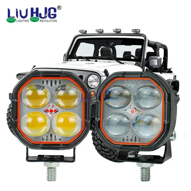 HJG New 4x4 Projector Lens 2pc Foglight 4 LED Projector Fog Quad 4x4 Lens 80W with Red DRL Foglight Ultra Wide Dual Intensity LED Fog Lights White/Yellow/Red DRL Projector (80W) Universal For All Cars & Bikes LIU HJG Projector 4x4 Lens Projector Fog Light - Biker.Store - www.biker.store
