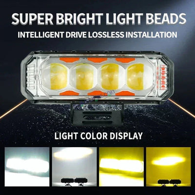 HJG 4 LED Light Bar with Red Blue Flash Strobe Fog Light for Bikes and Cars High Power, Heavy clamp and Strong aluminum. (4 LED Fog Light Bar Single) White/Yellow, Red Blue Strobe Flash, Pack of 1 - Biker.Store - www.biker.store
