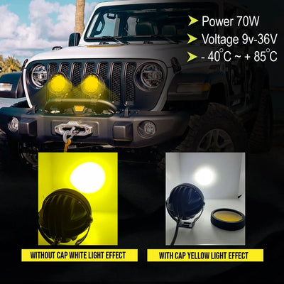 HJG Original 70W CREE 140W Dual Color Yellow/White LED Fog Lights with Wiring Harness Kit light brightness output controller switch Yellow Filter Cap Waterproof Light for Bikes, Cars, Jeeps Yellow Filter Cap - Biker.Store - www.biker.store