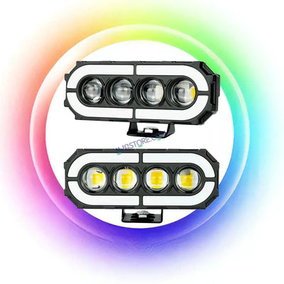 HJG 4 Lens with RGB Ring DRL 4 Projector Lens 2pc Foglight with RGB Ring 4 LED Projector Fog 120W with RGB DRL Foglight Ultra Wide Dual Intensity LED Fog Lights White/Yellow/RGB DRL Projector (120W) Universal For All Cars & Bikes LIU HJG 4 Lens RGB Ring - Biker.Store - www.biker.store
