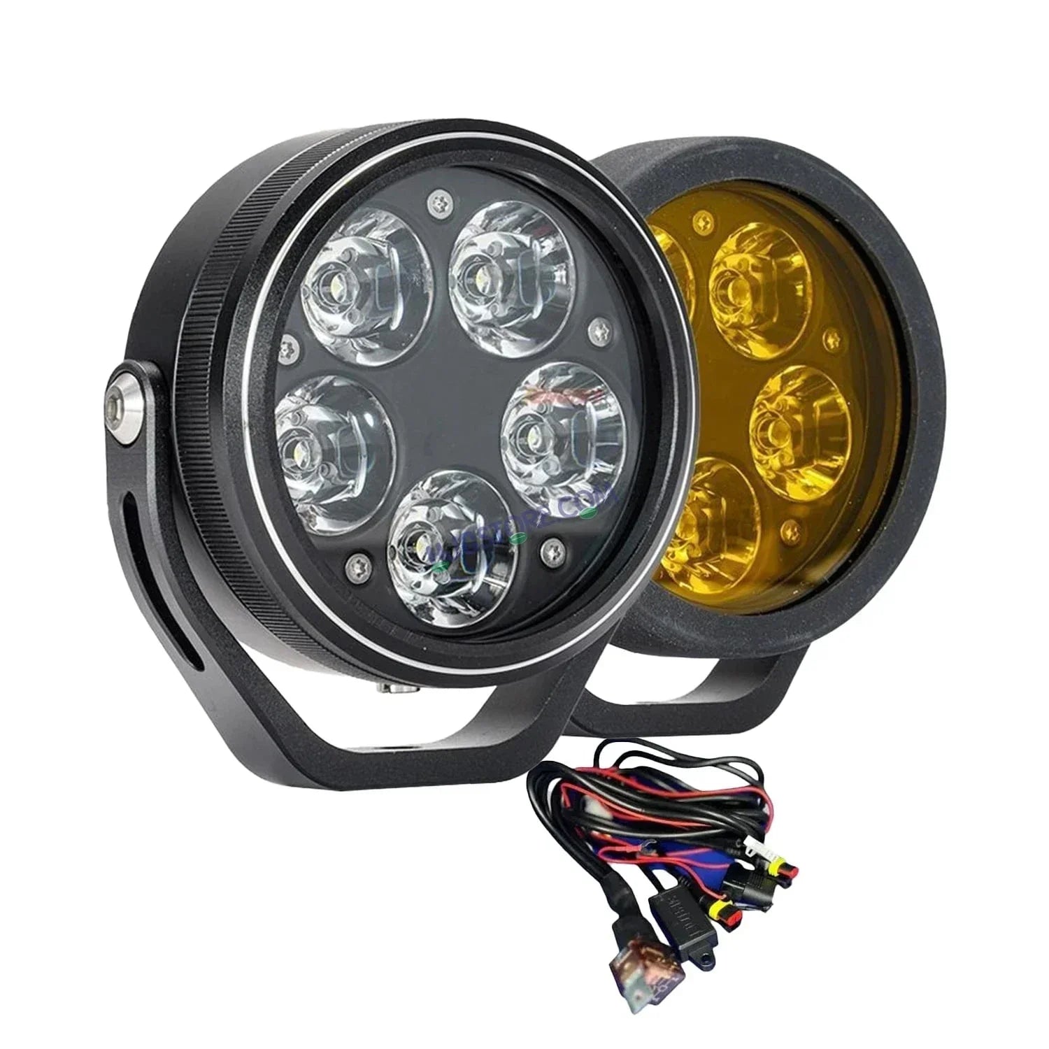 HJG 5 LED 100W Round CREE Foglight Foglamp with Yellow Cover 100W 5 LED HJG 100W 5 LED Car Accessories Led Headlights Lights Led Fog Lights For Motorcycle Car SUV Lights, Set of 2 with Wiring Harness Kit HJG 5 LED Round 100W - Biker.Store - www.biker.store