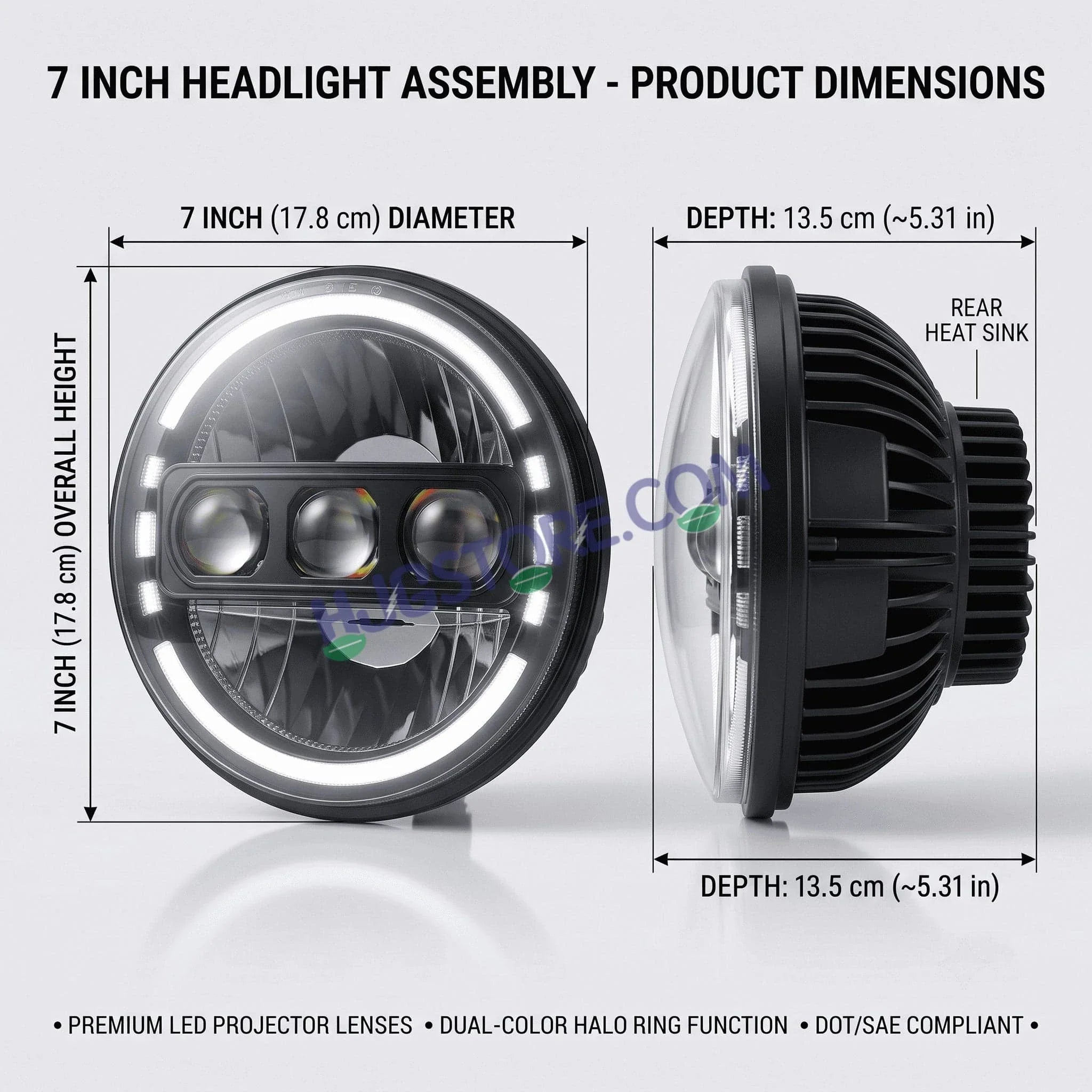 HJG C-235 Blue Halo Ring 7 Inch Headlight Assembly White Amber 7 Inch Headlight Assembly 133W Projector Ultra Wide C-235 White LED Headlight New Projector Headlight Assembly | 133W CREE/Osram LED Multi DRL Compatible with Royal Enfield, Jeep, Thar, Gypsy - Biker.Store - www.biker.store
