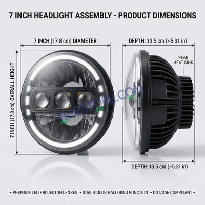HJG C-235 Blue Halo Ring 7 Inch Headlight Assembly White Amber 7 Inch Headlight Assembly 133W Projector Ultra Wide C-235 White LED Headlight New Projector Headlight Assembly | 133W CREE/Osram LED Multi DRL Compatible with Royal Enfield, Jeep, Thar, Gypsy - Biker.Store - www.biker.store