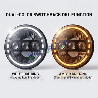 HJG C-235 Blue Halo Ring 7 Inch Headlight Assembly White Amber 7 Inch Headlight Assembly 133W Projector Ultra Wide C-235 White LED Headlight New Projector Headlight Assembly | 133W CREE/Osram LED Multi DRL Compatible with Royal Enfield, Jeep, Thar, Gypsy - Biker.Store - www.biker.store