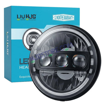 HJG C-235 Blue Halo Ring 7 Inch Headlight Assembly White Amber 7 Inch Headlight Assembly 133W Projector Ultra Wide C-235 White LED Headlight New Projector Headlight Assembly | 133W CREE/Osram LED Multi DRL Compatible with Royal Enfield, Jeep, Thar, Gypsy - Biker.Store - www.biker.store