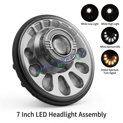 HJG C-250 Petal 7 Inch Headlight Assembly White Amber Petals 7 Inch Headlight Assembly 88W Projector Ultra Wide C-250 White LED Headlight New Projector Headlight Assembly | 88W CREE/Osram LED Chip Multi DRL Compatible with Royal Enfield, Jeep, Thar, Gypsy - HJGstore.com