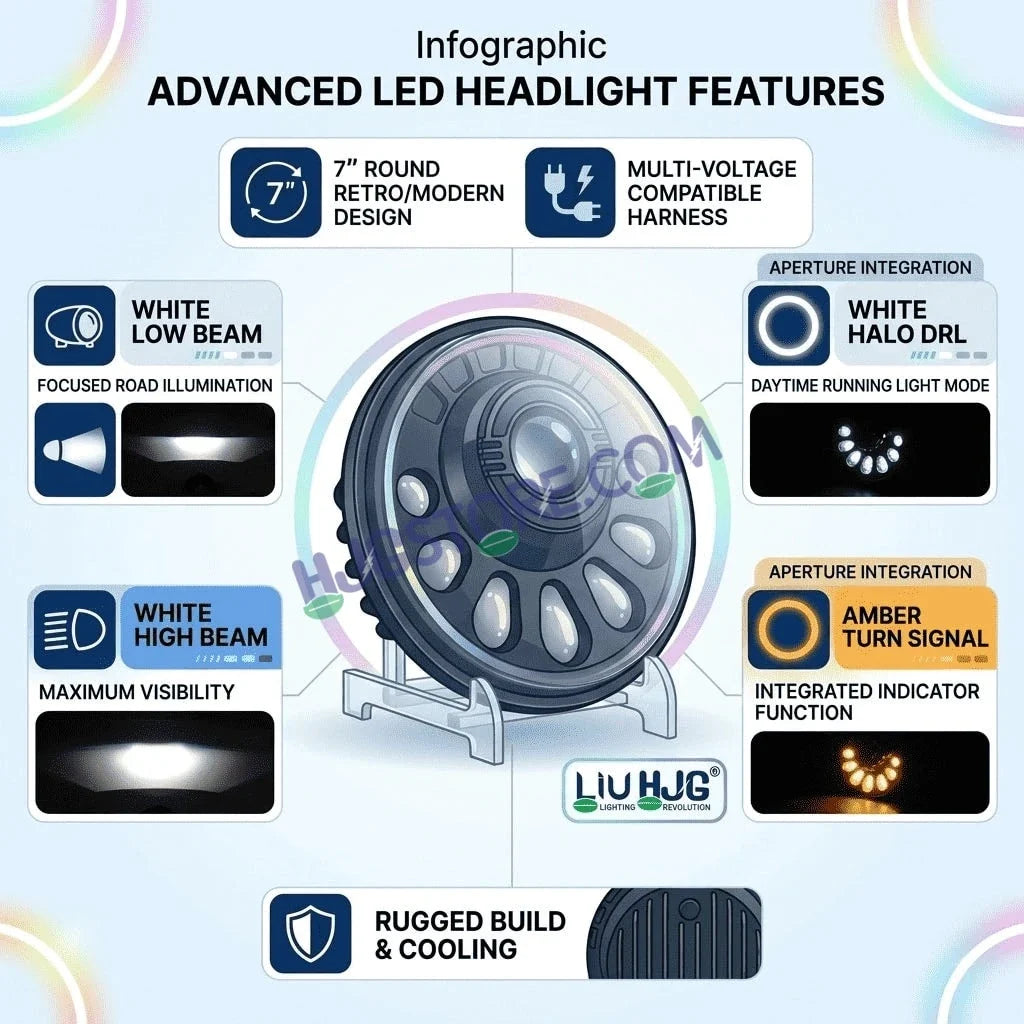 HJG C-250 Petal 7 Inch Headlight Assembly White Amber Petals 7 Inch Headlight Assembly 88W Projector Ultra Wide C-250 White LED Headlight New Projector Headlight Assembly | 88W CREE/Osram LED Chip Multi DRL Compatible with Royal Enfield, Jeep, Thar, Gypsy - HJGstore.com