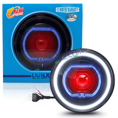 HJG C-279 Red Devil Blue Halo Ring 7 Inch Headlight Assembly 92W Projector Ultra Wide Halo Ring C-279 White LED Headlight New Projector Headlight Assembly | 92W CREE/Osram LED Chip Multi DRL Compatible with Royal Enfield, Jeep, Thar, Gypsy - Biker.Store - www.biker.store