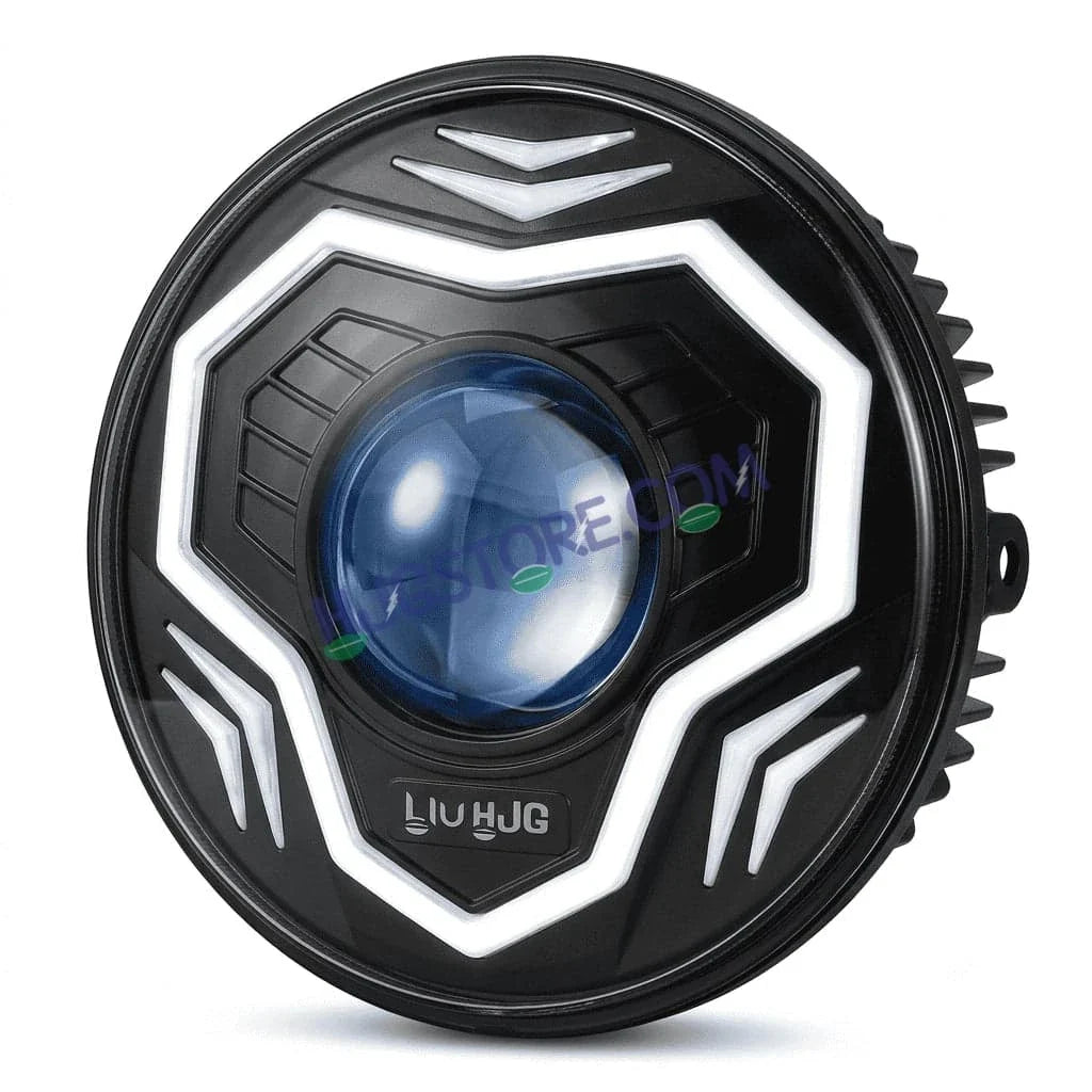 HJG C-292 Prime App-Controlled RGB DRL 7 Inch Headlight Assembly White Amber 7 Inch Headlight Assembly 108W Projector Ultra Wide C-292 LED Headlight Assembly | 108W CREE/Osram LED Chip RGB App Control DRL Compatible with Royal Enfield, Jeep, Thar, Gypsy - Biker.Store - www.biker.store