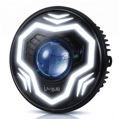 HJG C-292 Prime App-Controlled RGB DRL 7 Inch Headlight Assembly White Amber 7 Inch Headlight Assembly 108W Projector Ultra Wide C-292 LED Headlight Assembly | 108W CREE/Osram LED Chip RGB App Control DRL Compatible with Royal Enfield, Jeep, Thar, Gypsy - Biker.Store - www.biker.store