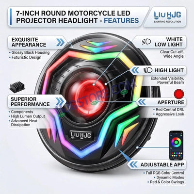 HJG C-292 Prime App-Controlled RGB DRL 7 Inch Headlight Assembly White Amber 7 Inch Headlight Assembly 108W Projector Ultra Wide C-292 LED Headlight Assembly | 108W CREE/Osram LED Chip RGB App Control DRL Compatible with Royal Enfield, Jeep, Thar, Gypsy - Biker.Store - www.biker.store