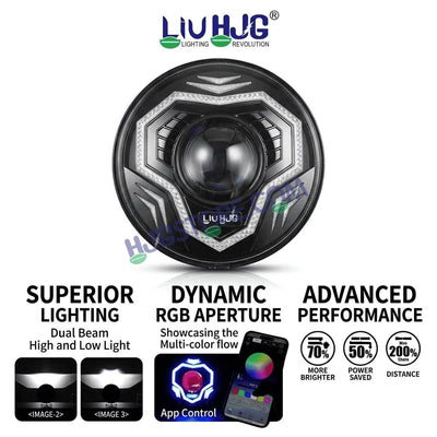 HJG C-292 Prime App-Controlled RGB DRL 7 Inch Headlight Assembly White Amber 7 Inch Headlight Assembly 108W Projector Ultra Wide C-292 LED Headlight Assembly | 108W CREE/Osram LED Chip RGB App Control DRL Compatible with Royal Enfield, Jeep, Thar, Gypsy - Biker.Store - www.biker.store