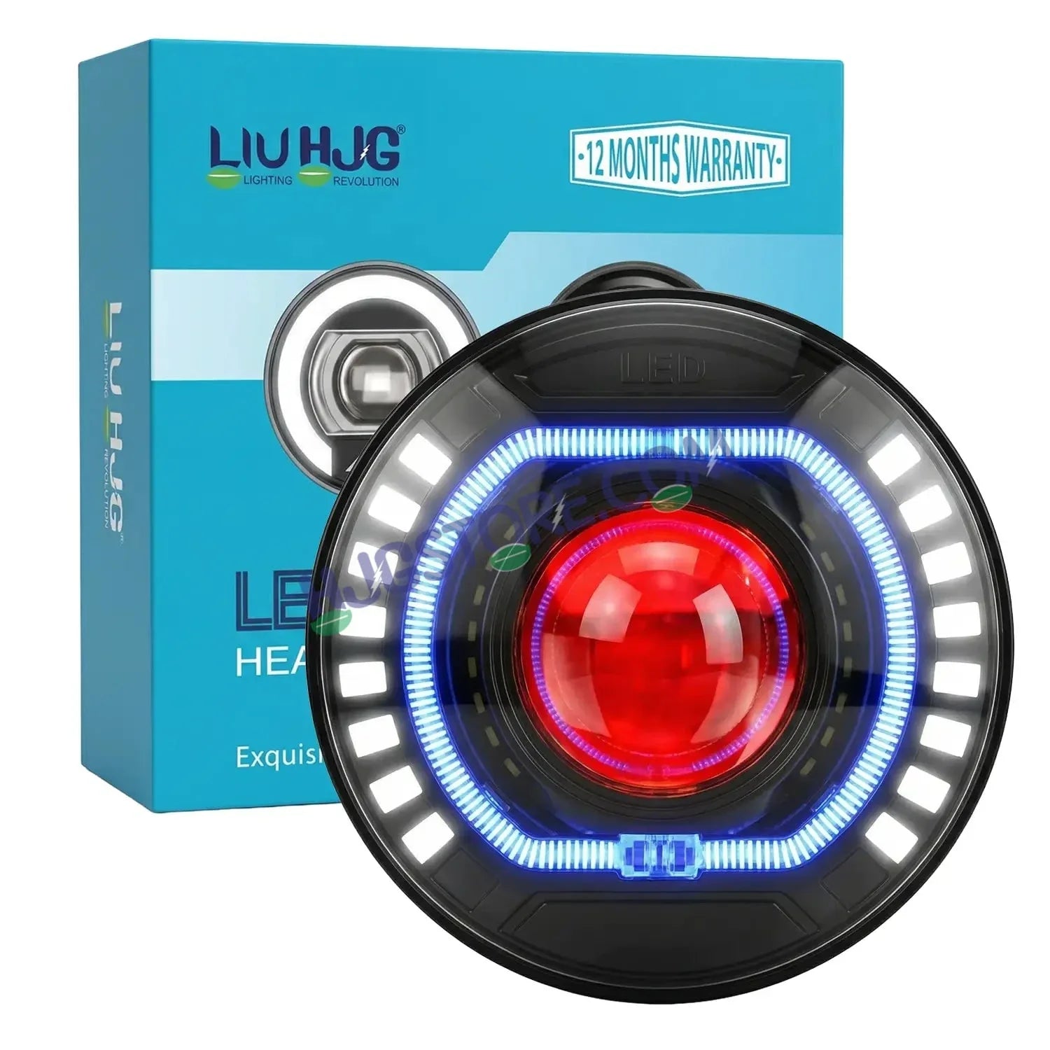 HJG C-227 Red Devil Blue Halo Ring 108W Projector Ultra Wide 7 Inch Headlight Assembly Red Blue Halo Ring C-227 White LED Headlight New Projector Headlight Assembly | 108W CREE/Osram LED Chip Multi DRL Compatible with Royal Enfield, Jeep, Thar, Gypsy - Biker.Store - www.biker.store