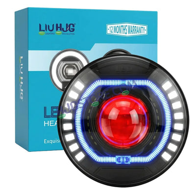HJG C-227 Red Devil Blue Halo Ring 108W Projector Ultra Wide 7 Inch Headlight Assembly Red Blue Halo Ring C-227 White LED Headlight New Projector Headlight Assembly | 108W CREE/Osram LED Chip Multi DRL Compatible with Royal Enfield, Jeep, Thar, Gypsy - Biker.Store - www.biker.store