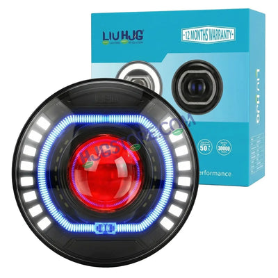 HJG C-227 Red Devil Blue Halo Ring 108W Projector Ultra Wide 7 Inch Headlight Assembly Red Blue Halo Ring C-227 White LED Headlight New Projector Headlight Assembly | 108W CREE/Osram LED Chip Multi DRL Compatible with Royal Enfield, Jeep, Thar, Gypsy - Biker.Store - www.biker.store