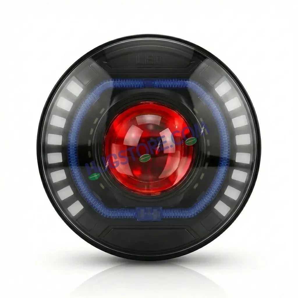 HJG C-227 Red Devil Blue Halo Ring 108W Projector Ultra Wide 7 Inch Headlight Assembly Red Blue Halo Ring C-227 White LED Headlight New Projector Headlight Assembly | 108W CREE/Osram LED Chip Multi DRL Compatible with Royal Enfield, Jeep, Thar, Gypsy - Biker.Store - www.biker.store