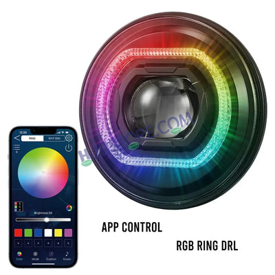 HJG RGB Ring DRL 90W Projector Ultra Wide 7 Inch Headlight Assembly Mobile App Control C-316 White LED Headlight New Model Projector Headlight Assembly for Royal Enfield | 90W CREE/Osram LED Chip Multi DRL Compatible with Royal Enfield, Jeep, Thar, Gypsy - HJGstore.com