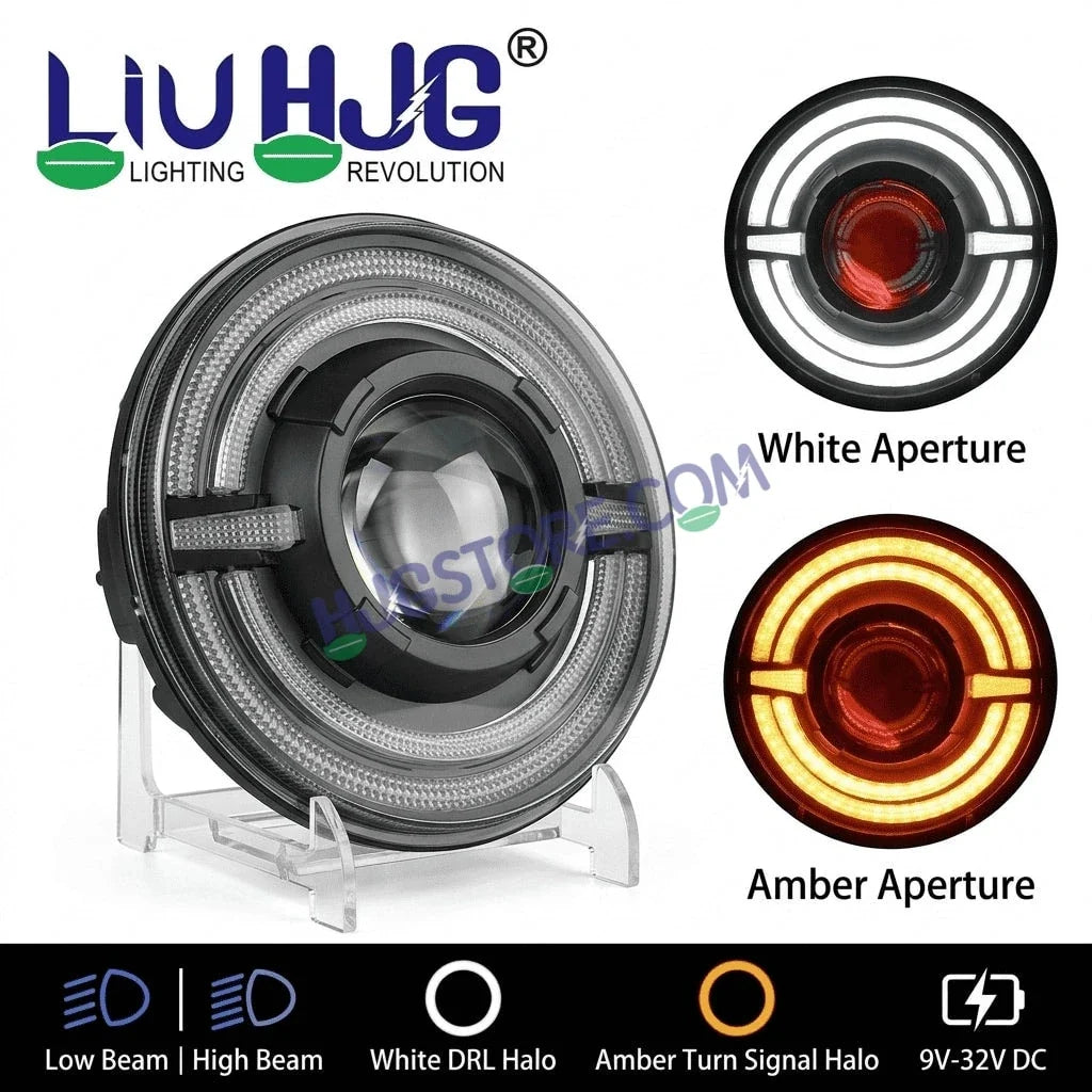 HJG C-319 Red Devil White Amber Halo Ring 7 Inch Headlight Assembly 93W Projector Ultra Wide Halo Ring C-319 White LED Headlight New Projector Headlight Assembly | 93W CREE/Osram LED Chip Multi DRL Compatible with Royal Enfield, Jeep, Thar, Gypsy - HJGstore.com