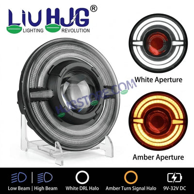 HJG C-319 Red Devil White Amber Halo Ring 7 Inch Headlight Assembly 93W Projector Ultra Wide Halo Ring C-319 White LED Headlight New Projector Headlight Assembly | 93W CREE/Osram LED Chip Multi DRL Compatible with Royal Enfield, Jeep, Thar, Gypsy - HJGstore.com