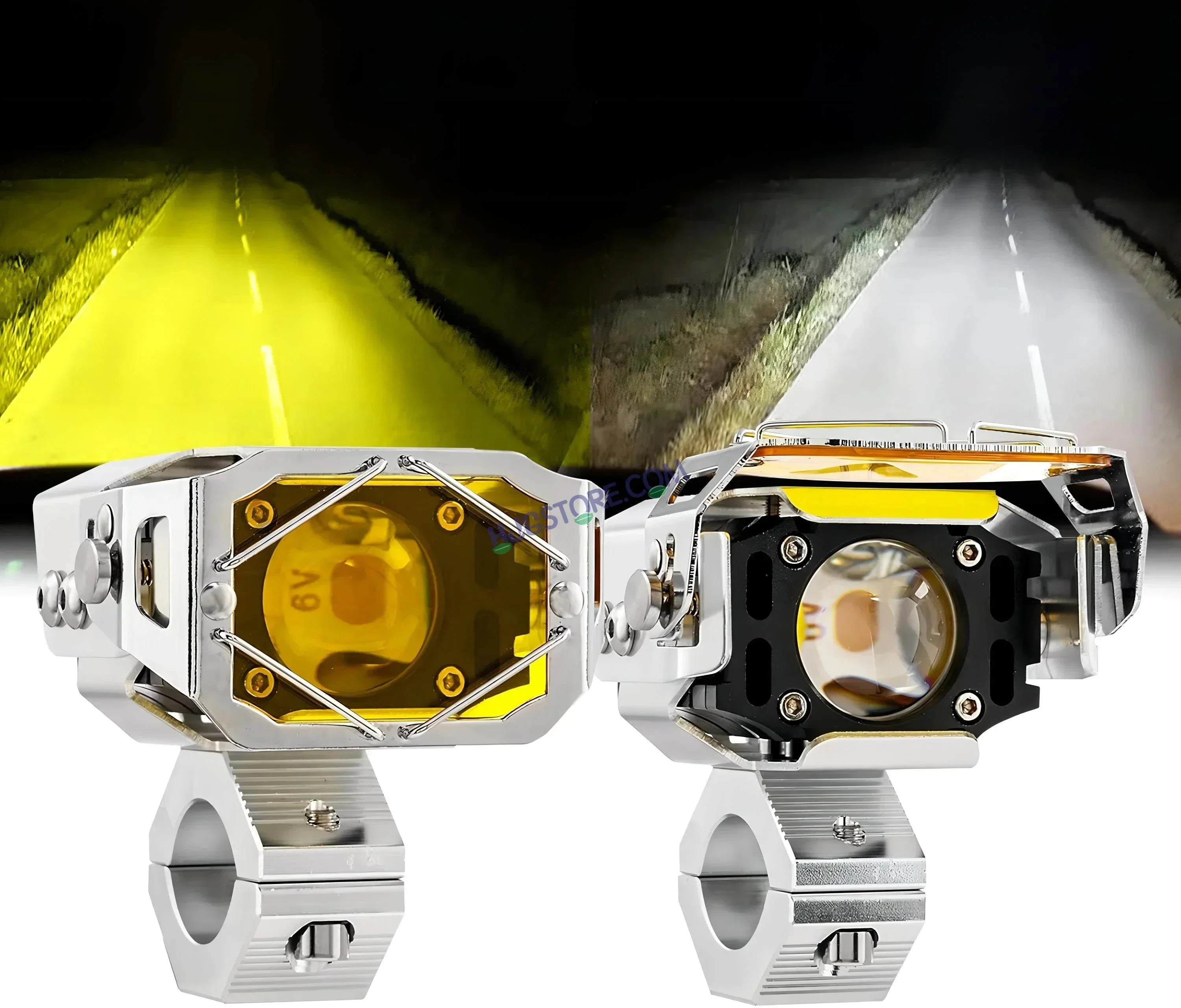 HJG Chrome Transformer Foglight 140W LED Projector with Wiring Kit Slider Yellow Cap Wide Spread White/Yellow 140W 2pc Foglight Ultra Wide Dual Intensity LED Driving Fog Lights 3000K/6500K Universal For All Cars & Bikes, Pack of 2 with Wiring Harness Kit - Biker.Store - www.biker.store