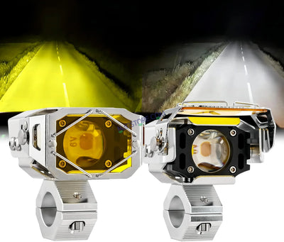 HJG Chrome Transformer Foglight 140W LED Projector with Wiring Kit Slider Yellow Cap Wide Spread White/Yellow 140W 2pc Foglight Ultra Wide Dual Intensity LED Driving Fog Lights 3000K/6500K Universal For All Cars & Bikes, Pack of 2 with Wiring Harness Kit - Biker.Store - www.biker.store