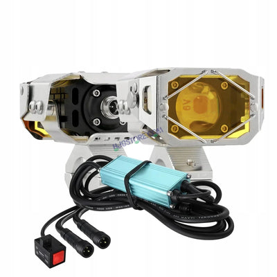 HJG Chrome Transformer Foglight 140W LED Projector with Wiring Kit Slider Yellow Cap Wide Spread White/Yellow 140W 2pc Foglight Ultra Wide Dual Intensity LED Driving Fog Lights 3000K/6500K Universal For All Cars & Bikes, Pack of 2 with Wiring Harness Kit - Biker.Store - www.biker.store