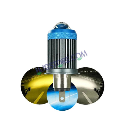 HJG H4 Lens LED Ice Blue Devil Lens New Model Ice Blue White Yellow LED Headlight Bulb H4 For All Motorcycles (Low and High Beam Bulbs (White/Yellow/Ice Blue) Ice Blue DRL White Yellow 50W Lens) - 12V DC Hi/Lo Type H4 - Biker.Store - www.biker.store