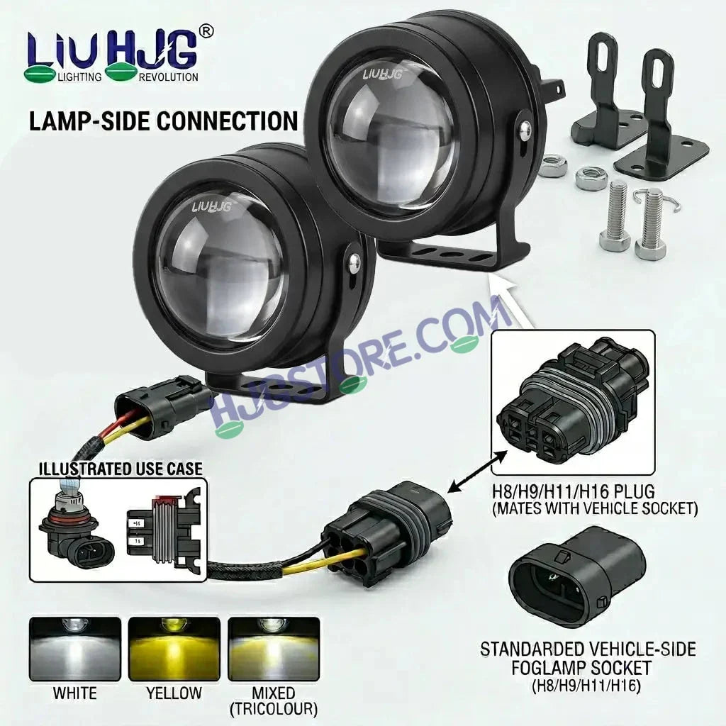 HJG 3-Inch Car Tri-Color LED Projector H-J162 Fog Lamp 2Pcs | 86W 8600LM/Pair | Direct Fit H8/H9/H11/H16 Socket | DC 12V-80V | 3200K-6500K White, Yellow, Warm White Hi/Lo | Premium Waterproof Driving Light For Car & SUV | LIU HJG H-J162 3 Inch Foglamp - Biker.Store - www.biker.store