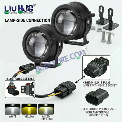 HJG 3-Inch Car Tri-Color LED Projector H-J162 Fog Lamp 2Pcs | 86W 8600LM/Pair | Direct Fit H8/H9/H11/H16 Socket | DC 12V-80V | 3200K-6500K White, Yellow, Warm White Hi/Lo | Premium Waterproof Driving Light For Car & SUV | LIU HJG H-J162 3 Inch Foglamp - Biker.Store - www.biker.store