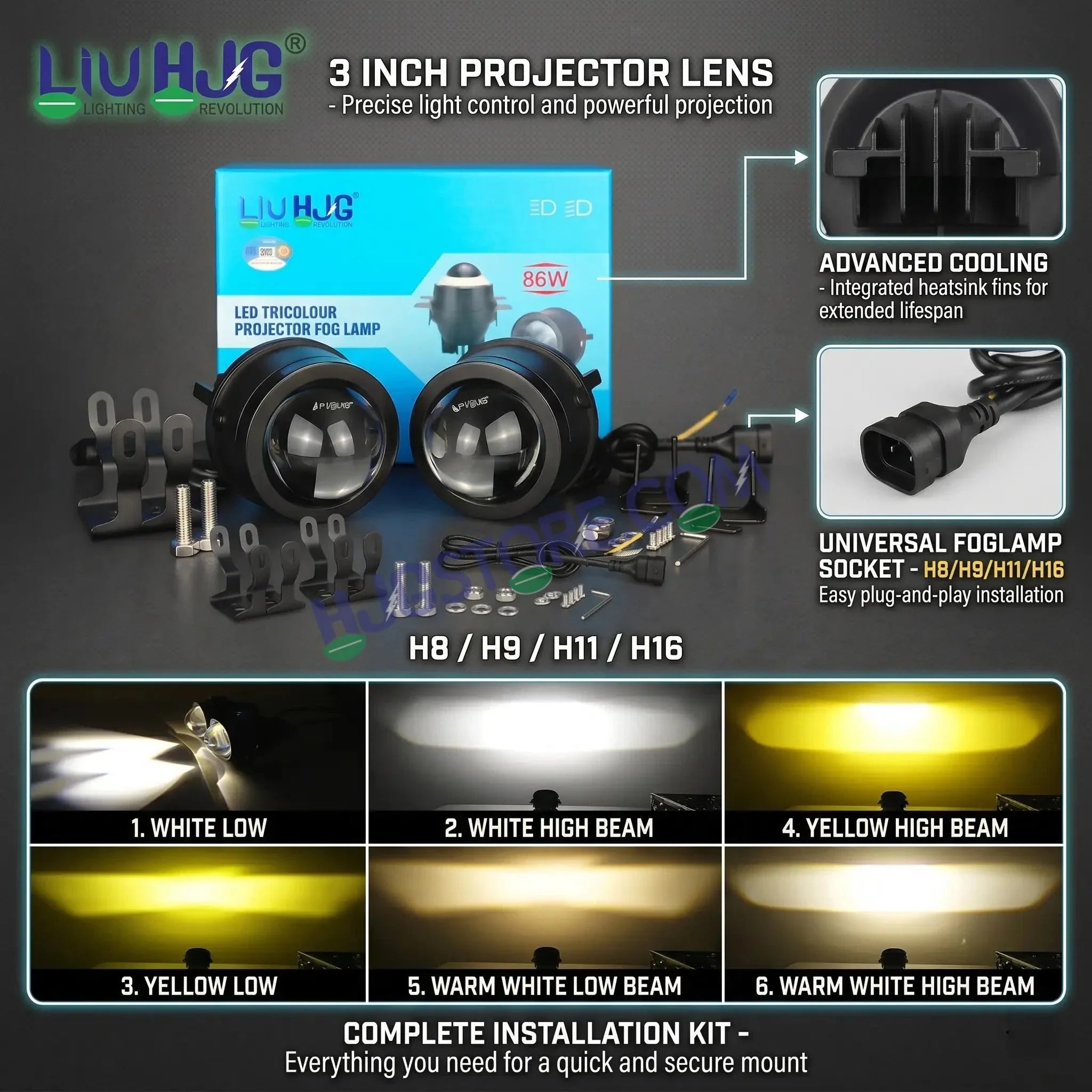 HJG 3-Inch Car Tri-Color LED Projector H-J162 Fog Lamp 2Pcs | 86W 8600LM/Pair | Direct Fit H8/H9/H11/H16 Socket | DC 12V-80V | 3200K-6500K White, Yellow, Warm White Hi/Lo | Premium Waterproof Driving Light For Car & SUV | LIU HJG H-J162 3 Inch Foglamp - Biker.Store - www.biker.store