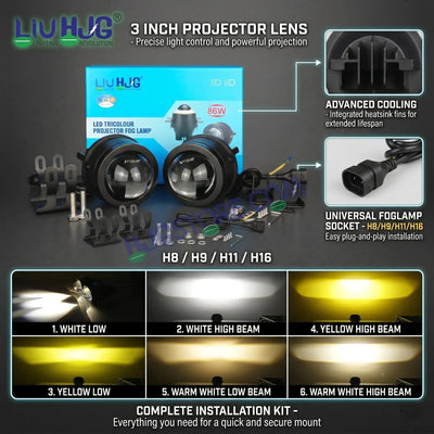 HJG 3-Inch Car Tri-Color LED Projector H-J162 Fog Lamp 2Pcs | 86W 8600LM/Pair | Direct Fit H8/H9/H11/H16 Socket | DC 12V-80V | 3200K-6500K White, Yellow, Warm White Hi/Lo | Premium Waterproof Driving Light For Car & SUV | LIU HJG H-J162 3 Inch Foglamp - Biker.Store - www.biker.store