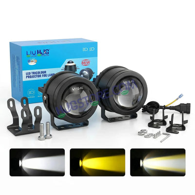 HJG 3-Inch Car Tri-Color LED Projector H-J162 Fog Lamp 2Pcs | 86W 8600LM/Pair | Direct Fit H8/H9/H11/H16 Socket | DC 12V-80V | 3200K-6500K White, Yellow, Warm White Hi/Lo | Premium Waterproof Driving Light For Car & SUV | LIU HJG H-J162 3 Inch Foglamp - Biker.Store - www.biker.store