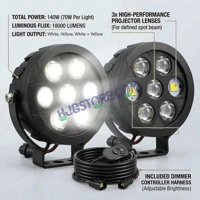 HJG New HP 111 140W 7-LED Projector Spread Spot Combo Auxiliary Fog Light Kit – Tri-Color Projector Middle 3 Lens Projector & 4 CREE LEDs with DRL & Adjustable Dimmer Control Wiring Harness, LIU HJG HP111 140W Foglight with Dimmer Controller Harness Kit - HJGstore.com