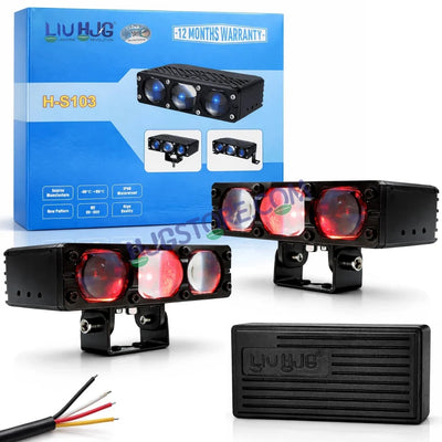 HJG HS103 200W 3-Lens LED Front Grille Fog Light | 3000K Yellow & 6000K White Dual Color Beam | Red Devil Eye DRL | 20000LM IP68 Waterproof 12V-80V 200W Universal Auxiliary Driving Pods for Car, Motorcycle & SUV LIU HJG HS103 Triple Lens 200W Slim Drive - Biker.Store - www.biker.store