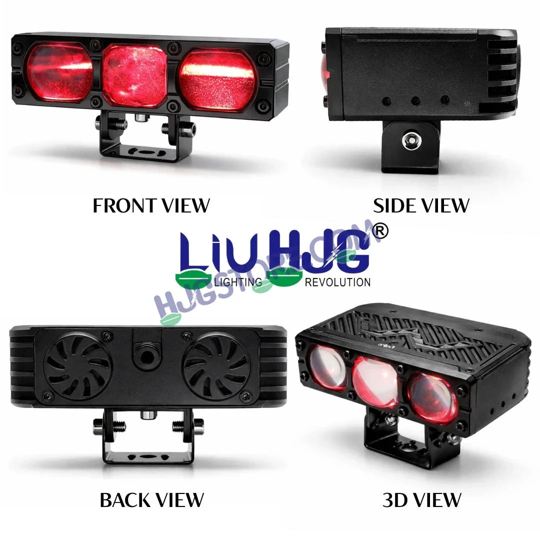 HJG HS103 200W 3-Lens LED Front Grille Fog Light | 3000K Yellow & 6000K White Dual Color Beam | Red Devil Eye DRL | 20000LM IP68 Waterproof 12V-80V 200W Universal Auxiliary Driving Pods for Car, Motorcycle & SUV LIU HJG HS103 Triple Lens 200W Slim Drive - Biker.Store - www.biker.store