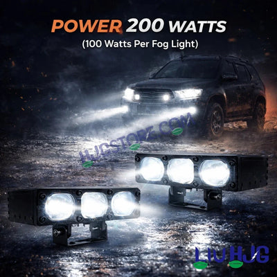 HJG HS103 200W 3-Lens LED Front Grille Fog Light | 3000K Yellow & 6000K White Dual Color Beam | Red Devil Eye DRL | 20000LM IP68 Waterproof 12V-80V 200W Universal Auxiliary Driving Pods for Car, Motorcycle & SUV LIU HJG HS103 Triple Lens 200W Slim Drive - Biker.Store - www.biker.store