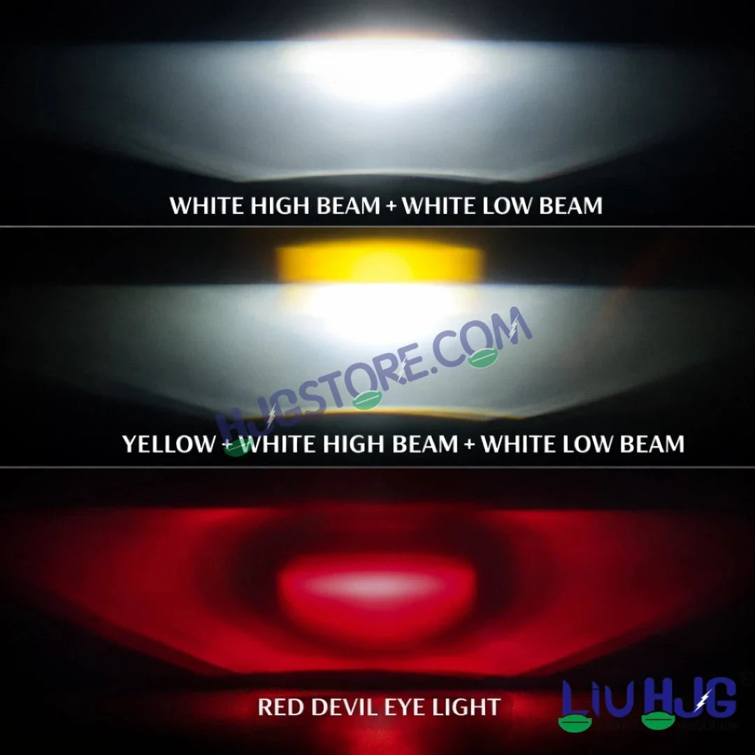 HJG HS103 200W 3-Lens LED Front Grille Fog Light | 3000K Yellow & 6000K White Dual Color Beam | Red Devil Eye DRL | 20000LM IP68 Waterproof 12V-80V 200W Universal Auxiliary Driving Pods for Car, Motorcycle & SUV LIU HJG HS103 Triple Lens 200W Slim Drive - Biker.Store - www.biker.store