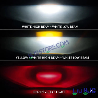 HJG HS103 200W 3-Lens LED Front Grille Fog Light | 3000K Yellow & 6000K White Dual Color Beam | Red Devil Eye DRL | 20000LM IP68 Waterproof 12V-80V 200W Universal Auxiliary Driving Pods for Car, Motorcycle & SUV LIU HJG HS103 Triple Lens 200W Slim Drive - Biker.Store - www.biker.store