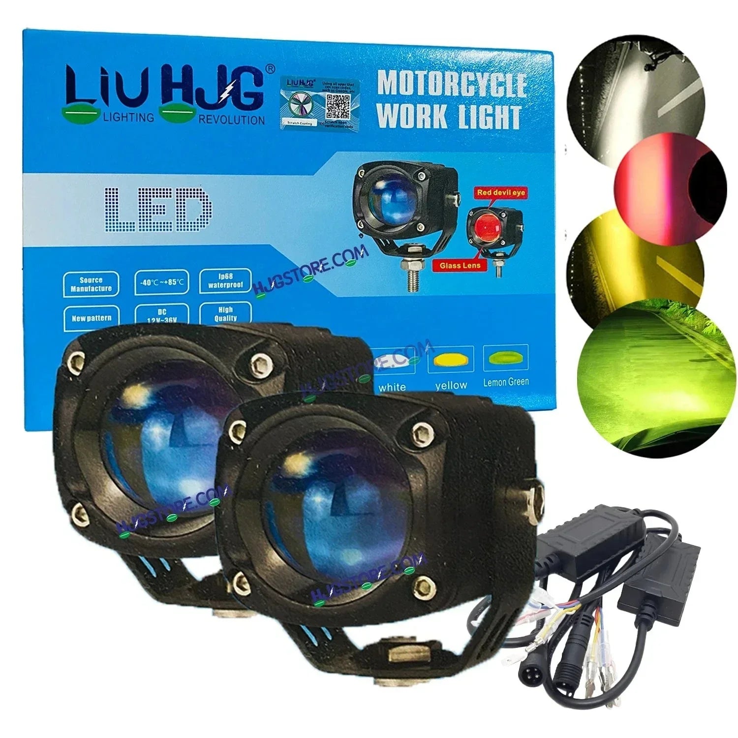 HJG 120W Tri Color Lemon Green Foglight HJG Original Lime Green Mini Drive V6 Red DRL White Yellow Mini Drive Red Devil Eye, Lemon Green Light, White, Yellow Color With Canbus Wiring HJG Lemon Green Tri Color Fog light 120W, 4 Colours, 120W - Biker.Store - www.biker.store