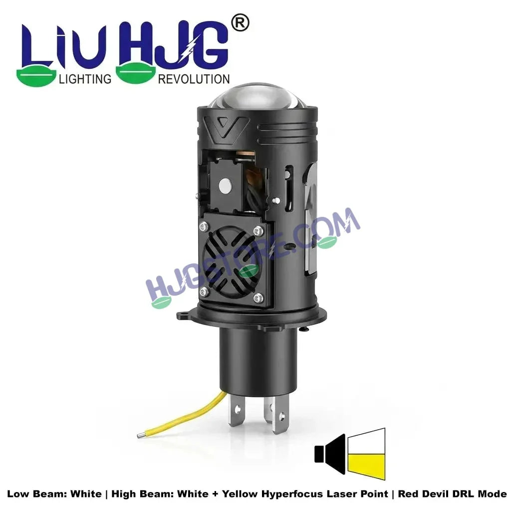 HJG N18 Laser Focus Projector Bulb 50W H4 Socket | White Low Beam & White with Yellow Hyper Focus Laser High Beam | Red Devil DRL Mode | Built-in Cooling Fan | Universal Headlight for Bikes and Cars LIU HJG N18 Laser Hyper Focus H4 Bulb - Biker.Store - www.biker.store