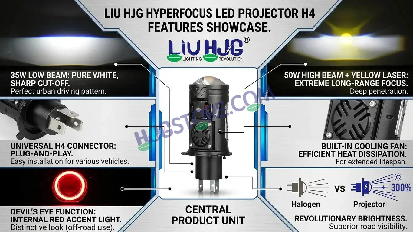 HJG N18 Laser Focus Projector Bulb 50W H4 Socket | White Low Beam & White with Yellow Hyper Focus Laser High Beam | Red Devil DRL Mode | Built-in Cooling Fan | Universal Headlight for Bikes and Cars LIU HJG N18 Laser Hyper Focus H4 Bulb - Biker.Store - www.biker.store