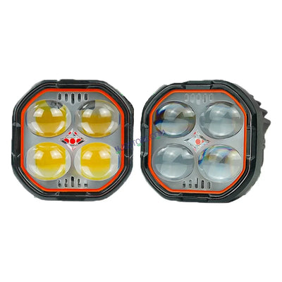 HJG New 4x4 Projector Lens 2pc Foglight 4 LED Projector Fog Quad 4x4 Lens 80W with Red DRL Foglight Ultra Wide Dual Intensity LED Fog Lights White/Yellow/Red DRL Projector (80W) Universal For All Cars & Bikes LIU HJG Projector 4x4 Lens Projector Fog Light - Biker.Store - www.biker.store