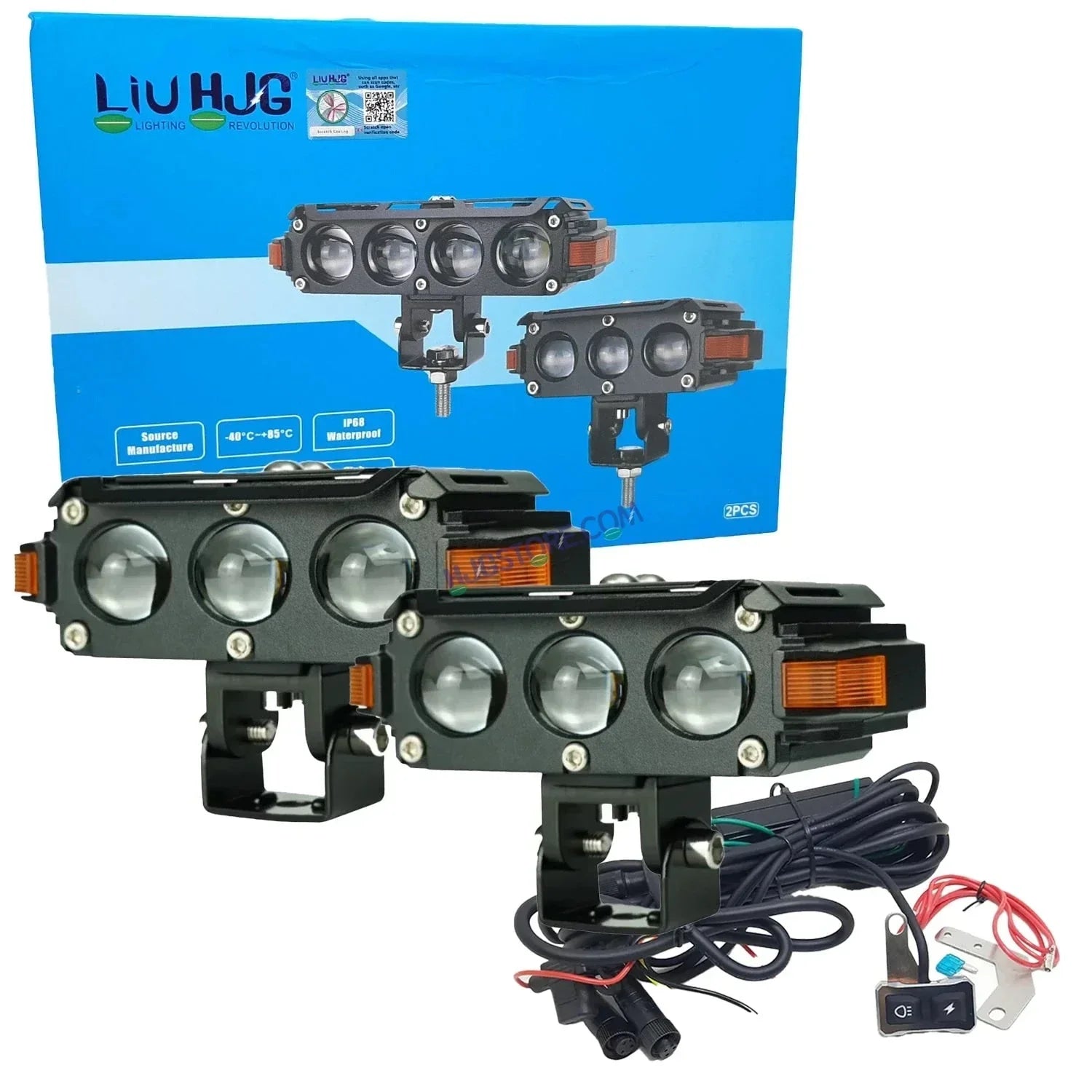 HJG Hazard 3 Lens Foglight with Wiring Kit Combo Triple 3 Lens 120W with Hazard DRL Foglight Ultra Wide Dual Intensity LED Fog Lights White/Yellow (2*60W = 120W Total) Universal For All Cars & Bikes LIU HJG Hazard S61 3 Lens Projector Fog with Wiring Kit - Biker.Store - www.biker.store