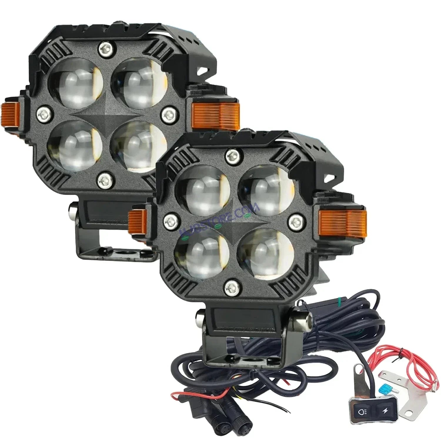 HJG Hazard 4x4 Lens Foglight with Wiring Kit Combo Quad 4x4 Lens 120W with Hazard DRL Foglight Ultra Wide Dual Intensity LED Fog Lights White/Yellow (2*60W = 120W Total) Universal For All Cars & Bikes LIU HJG Hazard S65 4x4 Lens Projector Fog with Wiring - Biker.Store - www.biker.store