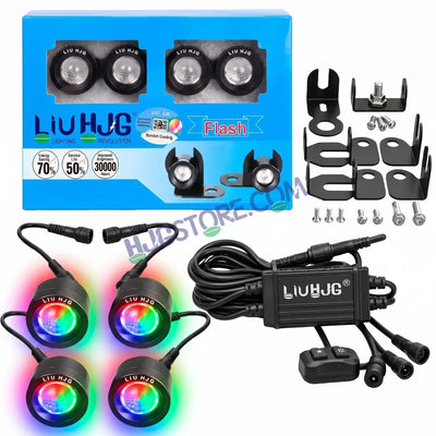 HJG 4 Pcs Motorcycle LED Strobe Light Kit with Remote Control, Wiring Harness, Relay Module & Switch - RGB Multi-Color Flashing Auxiliary Projector Lights - Universal Fit for Bikes, Cars, SUVs, Cruisers & Custom Builds - Biker.Store - www.biker.store